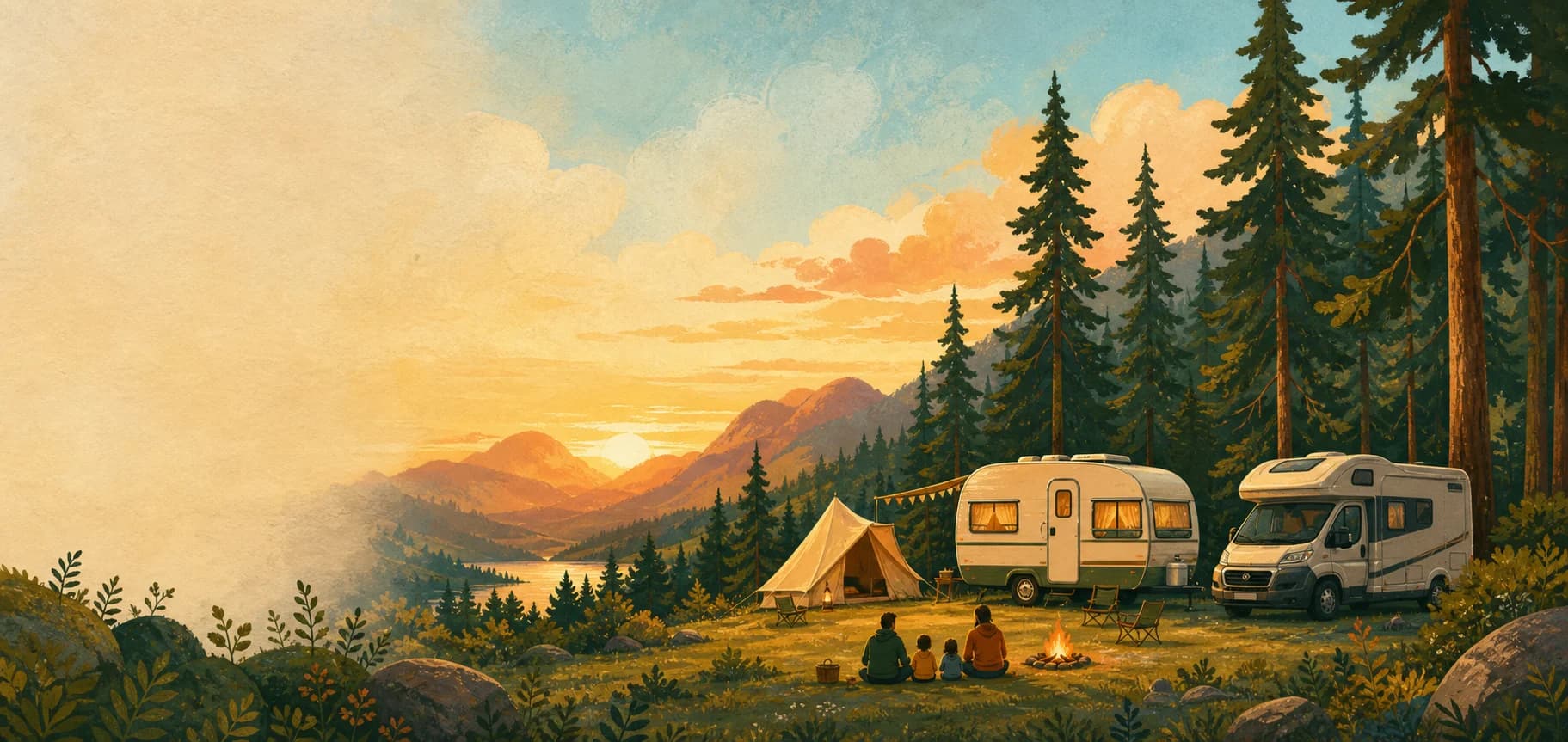 Illustrierter Familiencampingplatz bei Sonnenuntergang mit Zelt, Wohnwagen und Wohnmobil